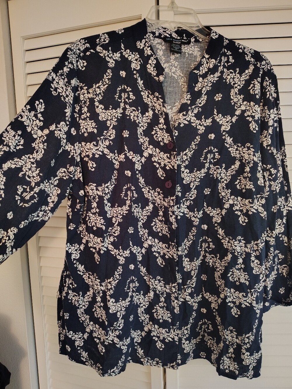 Saint Tropez West Navy & White Floral Button-Front, Mandarin collar, 3/4 Sleeves